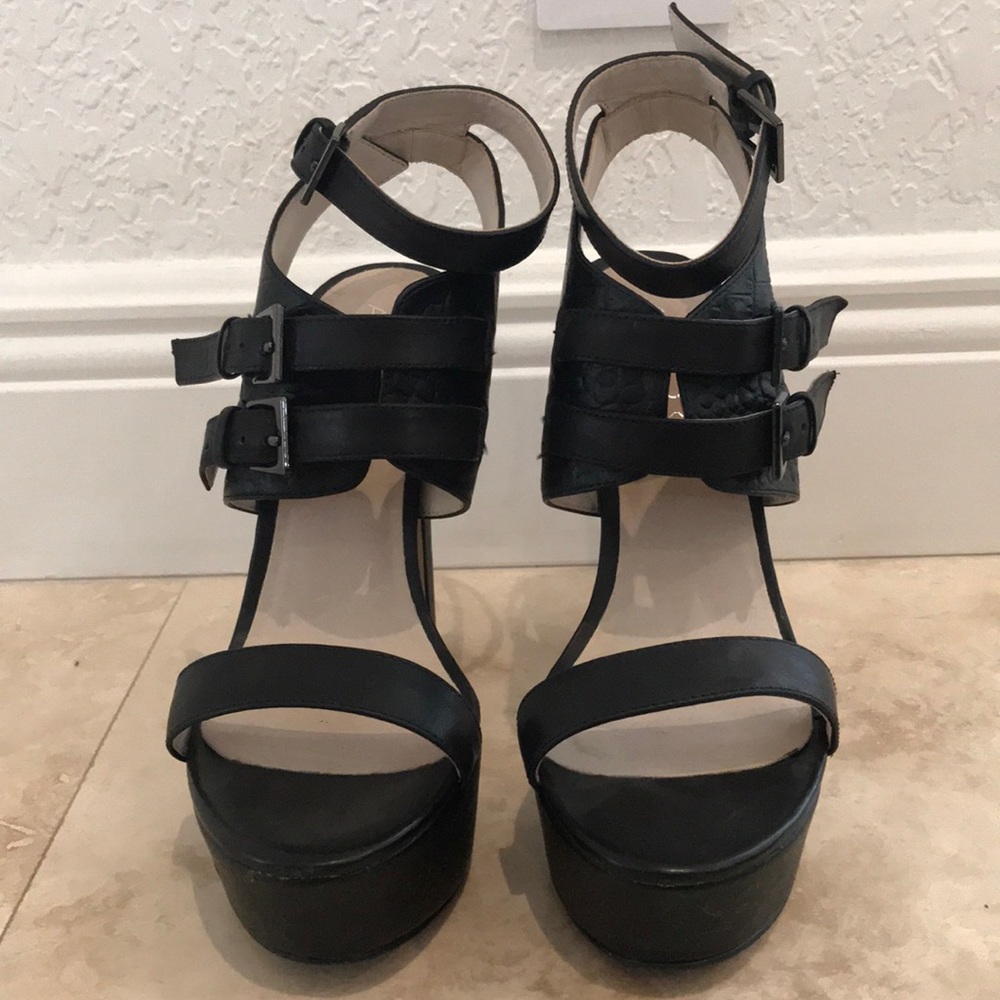 Aldo strappy black leather platform heels size 8.5
